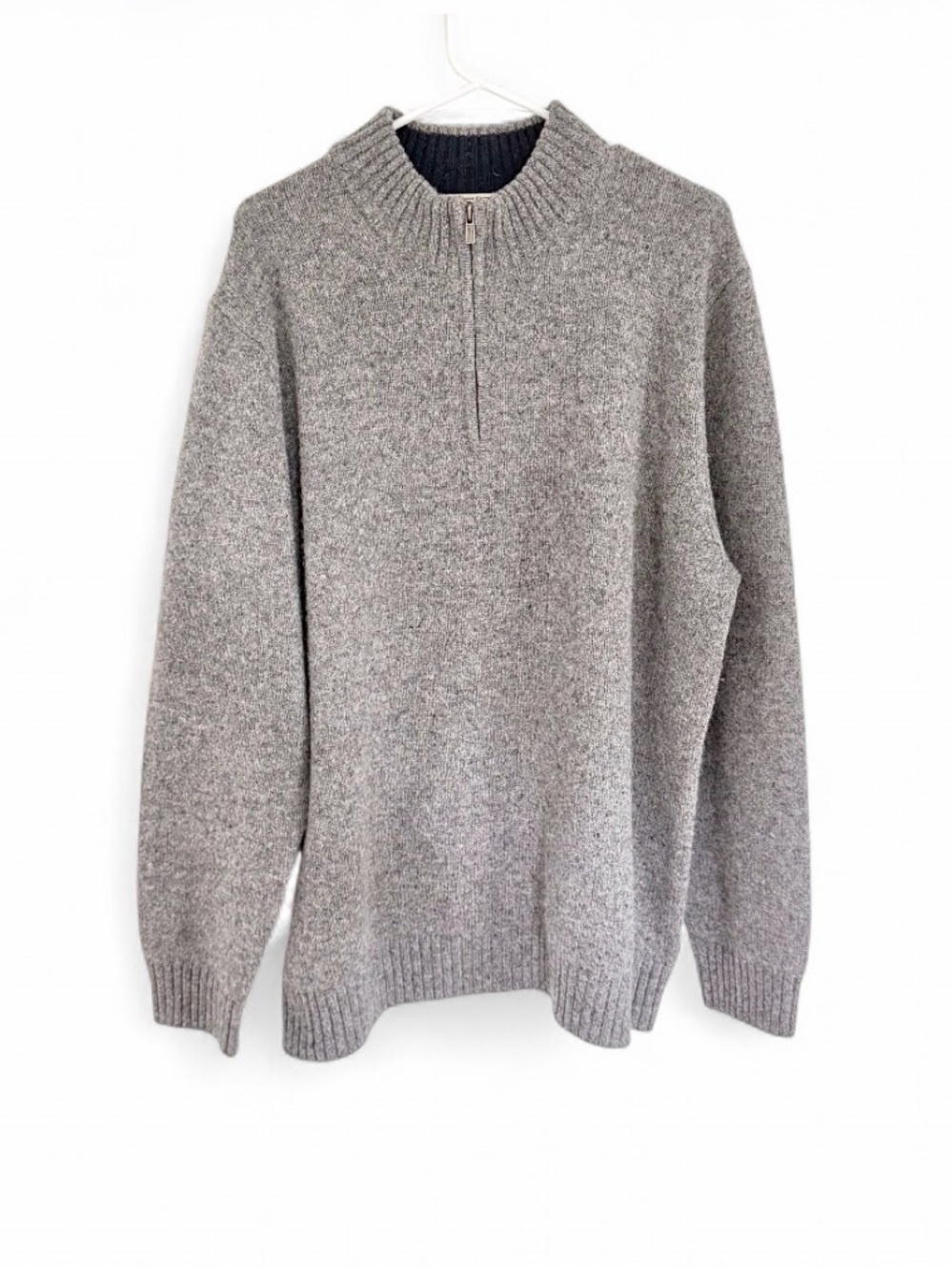LL Bean Mens Sweater XXL Grey Shetland Wool Elbow Patch Quarter Zip Preppy